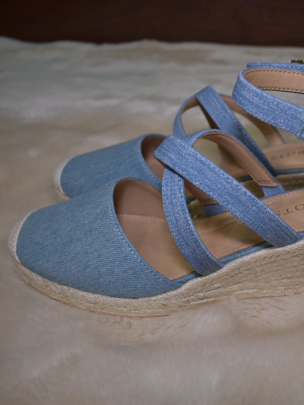 Talbots Lyndsay Denim Espadrille Wedges Size 8 Blue Strappy Summer Sandals - Picture 6 of 14